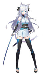 1girl absurdres animal_ear_fluff animal_ears bare_shoulders blue_eyes breasts bridal_gauntlets commission elbow_gloves full_body gloves grey_hair hair_ribbon highres holding holding_sheath holding_sword holding_weapon japanese_clothes kimono long_hair looking_at_viewer medium_breasts mytea_(soso) original ribbon sandals sash sheath short_kimono smile solo standing stirrup_legwear sword tail thighhighs toeless_legwear unsheathed weapon white_background white_kimono
