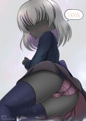 1girl ass black_skin blush cameltoe colored_skin commentary_request dark_skin dated dripping grey_background grey_hair hair_over_eyes highres io-catalyst long_sleeves lying medium_hair on_side original panties print_thighhighs purple_panties simple_background skirt solo spoken_blush starry_sky_print thighhighs thighs underwear