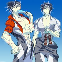 2boys blue_background blue_hair brothers coca-cola colored_inner_hair cowboy_shot edarow facial_scar food gradient_background grey_hair holding holding_food holding_popsicle horns hot jumpsuit male_focus multicolored_hair multiple_boys muscular muscular_male original pectoral_cleavage pectorals popsicle scar scar_on_arm scar_on_cheek scar_on_face scar_on_neck scar_on_stomach sharp_teeth short_hair siblings simple_background soda sweat teeth unbuttoned