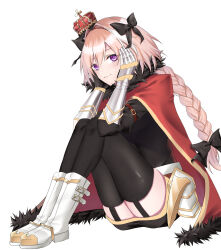 1boy absurdres armor astolfo_(fate) black_bow black_thighhighs bow braid cape coat crossdressing fate/apocrypha fate/grand_order fate_(series) fur-trimmed_coat fur_trim hair_bow hair_intakes highres multiple_hair_bows pink_hair single_braid terafujiryo thighhighs trap zettai_ryouiki