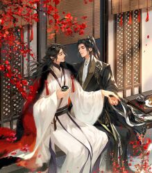 Rule 34 | 2boys, black cape, black eyes, black hair, black hands, blinders, branch, cape, character request, chinese clothes, closed mouth, colored extremities, copyright request, couple, cup, day, dessert, eye contact, falling petals, feet out of frame, fingernails, flower, flower knot, food, fur cape, hair ornament, hanfu, happy, holding, holding cup, holding hands, light particles, light rays, lips, long hair, long sleeves, looking at another, male focus, mandarin collar, multiple boys, outdoors, petals, plate, plum blossoms, pointy nose, ponytail, red cape, red flower, shirt, sitting, smile, sunlight, tassel, tea, teapot, thick eyebrows, two-sided cape, two-sided fabric, veranda, white hanfu, white shirt, wide sleeves, window, yaoi, ye dian pikaqiu