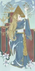 1girl absurdres banner blonde_hair blue_dress blue_eyes dress elf flower gensou_getsumen_rt highres long_hair looking_to_the_side nintendo pointy_ears princess_zelda solo the_legend_of_zelda the_legend_of_zelda:_breath_of_the_wild very_long_hair white_flower