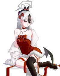 1girl absurdres black_hair black_horns black_thighhighs black_wings blue_archive bow bowtie choker closed_mouth collarbone demon_horns dress earrings grey_hair hair_bow halo hashtag-only_commentary highres hit_by_hit horns jacket jewelry kayoko_(blue_archive) long_hair looking_at_viewer mole mole_on_collarbone multicolored_hair red_bow red_bowtie red_choker red_dress red_eyes single_wing sitting smile solo strapless strapless_dress thighhighs two-tone_hair white_jacket wings