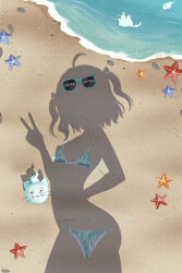 1girl absurdres ahoge andrl aqua_bikini beach bikini dressed_shadow_(meme) highres implied_nudity indie_virtual_youtuber meme mint_fantome ocean outdoors sand shadow silhouette starfish sunglasses swimsuit unworn_bikini unworn_clothes v virtual_youtuber water wisps_(mint_fantome)