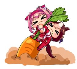 &gt;_&lt; 2girls animal_ears blush_stickers bow brown_hair carrot chibi closed_eyes closed_mouth commentary_request ear_bow food food_on_face hair_intakes hair_ribbon hairband haru_urara_(umamusume) highres horse_ears horse_girl horse_tail jacket long_sleeves mini_person minigirl moko39_takasora multicolored_hair multiple_girls pants pink_hair puffy_long_sleeves puffy_sleeves purple_ribbon red_hairband red_jacket red_pants red_shorts ribbon shoes shorts simple_background special_week_(umamusume) tail track_jacket track_pants track_suit two-tone_hair umamusume wavy_mouth white_background white_bow white_hair white_shoes