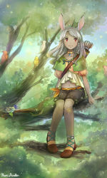 00s 1girl animal_ears bird bow_(weapon) dark-skinned_female dark_skin day female_focus final_fantasy final_fantasy_xii kari_avalon looking_at_viewer outdoors rabbit_ears red_eyes silver_hair smile solo tree viera weapon