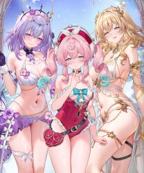 3girls :q absurdres adapted_costume aglaea_(honkai:_star_rail) alternate_costume aqua_bow aqua_bowtie aqua_eyes bare_shoulders belt bikini black_belt black_choker blonde_hair blue_butterfly blue_sky blush bow bowtie breast_tattoo breasts bug butterfly castorice_(honkai:_star_rail) character_charm charm_(object) choker closed_mouth collarbone colored_tips commentary_request cowboy_shot criss-cross_halter day earrings elbow_gloves fingernails flower from_side gloves green_eyes hair_flower hair_ornament half-closed_eyes halterneck hand_to_own_mouth hand_up hands_up hat head_wreath highres honkai:_star_rail honkai_(series) hyacine_(honkai:_star_rail) index_finger_raised insect jewelry large_breasts laurel_crown licking_lips light_smile little_ica_(honkai:_star_rail) long_hair looking_at_viewer machi_(machi0910) medium_breasts medium_hair multicolored_hair multiple_girls nail_polish navel one-piece_swimsuit outdoors paid_reward_available parted_lips pink_flower pink_hair pink_hat pink_one-piece_swimsuit pink_rose pointy_ears purple_butterfly purple_eyes purple_flower purple_gloves purple_hair purple_rose purple_sarong revision rose sarong sideboob single_elbow_glove sky smile smug stomach sweat swimsuit tattoo thigh_strap thighs tongue tongue_out twintails twitter_username underboob very_long_hair wet white_bikini yellow_nails