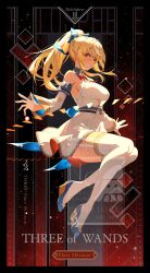 back_bow bare_shoulders bilingual_commentary blonde_hair blue_bow blue_shoes bow bow_skirt breasts card_(medium) character_name cleavage_cutout clothing_cutout commentary dark-skinned_female dark_skin detached_collar detached_sleeves elf english_commentary english_text floating_hair full_body garter_straps grin hair_bow halter_shirt halterneck high_heels high_ponytail highres hololive ishihara_(kuniyoshi) jpeg_artifacts large_bow large_breasts long_hair looking_at_viewer miniskirt mixed-language_commentary multicolored_hair pleated_skirt pointy_ears ponytail red_eyes shiranui_flare shiranui_flare_(1st_costume) shirt shoes sidelocks skirt skirt_set smile streaked_hair tarot tarot_(medium) thighhighs virtual_youtuber watermark white_garter_straps white_shirt white_skirt white_sleeves white_thighhighs wide_sleeves yellow_eyes