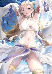 1girl absurdres arms_behind_head blonde_hair blue_eyes breasts cowboy_shot day detached_sleeves gem goblin_slayer! gold_trim highres kodokunogotoku long_hair long_sleeves looking_at_viewer navel open_mouth outdoors palm_leaf priestess_(goblin_slayer!) red_gemstone revealing_clothes small_breasts solo stomach thigh_strap very_long_hair