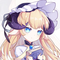 1girl animal_ears blonde_hair blue_eyes book child closed_mouth curled_horns dress hat head_tilt highres holding holding_book horns hugging_object long_hair long_sleeves looking_at_viewer medea_(roco_kingdom) puffy_sleeves roco_kingdom senkita_beibeizi sheep_ears sheep_horns simple_background smile solo upper_body white_background