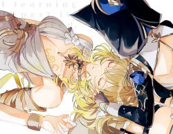 2girls aglaea_(honkai:_star_rail) animal_hood belt black_gloves blonde_hair breast_tattoo breasts cat_girl cat_hood cipher_(honkai:_star_rail) cleavage closed_eyes commentary_request dress fingerless_gloves gg_suyari gloves gold_tattoo hand_in_another&#039;s_hair honkai:_star_rail honkai_(series) hood large_breasts lying multiple_girls on_back simple_background tattoo thigh_belt thigh_strap thighs white_background white_dress yellow_nails