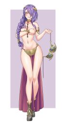 1girl alternate_costume alternate_hairstyle armlet bikini black_shoes blush braid breasts camilla_(fire_emblem) chain chain_leash commentary commission cosplay covering_breasts covering_privates crossover english_commentary female_focus fire_emblem fire_emblem_fates freckles full_body grin hair_ornament hair_over_one_eye highres huttslayer_leia igni_tion jewelry large_breasts leash long_hair looking_at_viewer metal_bikini navel nintendo one_eye_covered pelvic_curtain princess_leia princess_leia_(cosplay) purple_eyes purple_hair shoes smile solo star_wars stomach swimsuit unworn_bikini_top