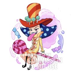Rule 34 | 1girl, blue hair, blue lips, brown eyes, candy, charlotte perospero, dress, food, full body, hat, highres, long tongue, one piece, pointy nose, polka dot, polka dot hair, sidesaddle, simple background, solo, tongue, tongue out, top hat, vamos mk, white background, wrapped candy, yellow dress