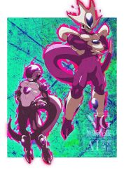 Rule 34 | 2boys, alien, aura, black frieza, black skin, border, colored skin, cooler (dragon ball), crossed arms, dragon ball, dragon ball super, dragonball z, frieza, full body, green background, highres, male focus, multiple boys, no eyebrows, purple skin, stktik09060906, white border
