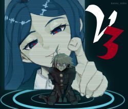 1boy 1girl ahoge android armor artist_name blue_eyes blue_hair colored_skin commentary copyright_name danganronpa_(series) danganronpa_v3:_killing_harmony english_commentary eyelashes grey_hair hair_between_eyes horror_(theme) k1-b0 kanna_video long_hair long_sleeves looking_at_viewer pale_skin pants parted_bangs power_armor red_pupils ripples screentones shirogane_tsumugi short_hair sitting smile spoilers static white_skin wide-eyed