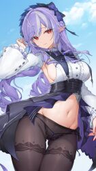 1girl absurdres ascot black_bow black_bowtie black_nails black_panties black_pantyhose black_skirt blue_sky bow bowtie breasts center_frills closed_mouth commentary_request cowboy_shot day fingernails frilled_sleeves frills gluteal_fold groin hair_bow hand_up high-waist_skirt highres kiriko_(araragikoyomi) large_breasts long_hair long_sleeves looking_at_viewer mole mole_under_eye multicolored_hair nail_polish navel no_pants outdoors panties panties_under_pantyhose pantyhose partial_commentary pointy_ears purple_ascot purple_bow purple_bowtie purple_hair red_eyes showgirl_skirt shrug_(clothing) sideboob sidelocks skirt sky solo stomach streaked_hair underwear vivian_(zenless_zone_zero) white_shrug zenless_zone_zero