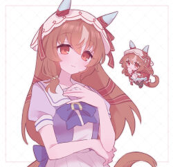 1girl animal_ears blush breasts brown_hair chibi closed_mouth collarbone commentary_request hair_between_eyes hair_ornament highres horse_ears horse_girl long_hair looking_at_viewer red_eyes rsusk189 school_uniform simple_background small_breasts smile solo still_in_love_(umamusume) umamusume veil white_background