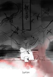 2others alternate_costume androgynous bird copyright_name crane_(animal) faceless full_body greyscale hair_rollers hairband hakama hakama_skirt hanging_scroll haori hat hat_ribbon highres holding holding_sheath holding_sword holding_weapon indoors japanese_clothes katana kimono len&#039;en long_sleeves monochrome multiple_others other_focus ribbon sandals scroll senri_tsurubami sheath shengji short_hair short_kimono sitting skirt spot_color standing sword tabi tate_eboshi weapon wide_sleeves wooden_floor zouri zuifeng_tenkai