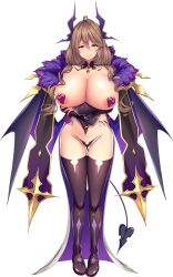 1girl arms_under_breasts boku_ga_incubus_ni_naru_tame_ni_kyou_kara_succubus_to_lesson_shimasu_2 boots breasts brown_hair demon_girl demon_horns demon_tail demon_wings detached_sleeves full_body hair_between_eyes heart heart_panties heart_print highres horns huge_breasts long_hair looking_at_viewer maebari mature_female mole mole_under_mouth non-web_source official_art panties photoshop_(medium) print_panties purple_eyes revealing_clothes reverse_outfit shiny_skin shiokonbu smile solo standing tachi-e tail thigh_boots transparent_background twintails underwear wings