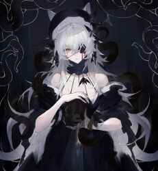 1girl animal_ears bags_under_eyes black_dress blood bloody_tears border breasts cat_ears cleavage collar crossed_bangs detached_sleeves double-parted_bangs dress eyepatch frilled_sleeves frills hair_over_shoulder hat head_tilt highres impaled indie_virtual_youtuber injury long_hair looking_at_viewer magic mari_the_hybrid medical_eyepatch nail_(hardware) orb ornate_border red_pupils sidelocks string tentacle_print very_long_hair wavy_hair white_hair yellow_eyes yoimon