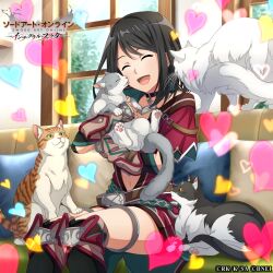1girl animal armor bare_shoulders belt bikini_armor black_footwear black_hair boots breastplate breasts cat cleavage closed_eyes collar company_name copyright_notice couch cushion elbow_gloves fingerless_gloves game_cg gloves green_eyes heart hood hooded_jacket hug indoors jacket koharu_(sao) medium_breasts medium_hair multiple_cats navel official_art on_couch red_jacket sitting smile sword_art_online sword_art_online:_integral_factor thighs
