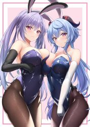 Rule 34 | 2girls, :o, absurdres, ahoge, akira (sayo dayoo), alternate costume, animal ears, asymmetrical docking, bare shoulders, bell, black gloves, black pantyhose, blue hair, blue leotard, blush, border, breast press, breasts, bunny day, cleavage, closed mouth, commentary, covered navel, cowboy shot, detached collar, elbow gloves, ganyu (genshin impact), genshin impact, gloves, goat horns, gradient eyes, hair ornament, hand on another&#039;s waist, hashtag-only commentary, highleg, highleg leotard, highres, horns, keqing (genshin impact), large breasts, leotard, long hair, looking at viewer, low ponytail, medium breasts, multicolored eyes, multiple girls, paid reward available, pantyhose, parted lips, pink background, pink border, pink eyes, playboy bunny, ponytail, purple eyes, purple hair, purple leotard, rabbit ears, shiny clothes, sidelocks, smile, strapless, strapless leotard, thighs, twintails, wavy hair, white gloves