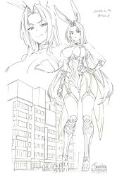 1girl absurdres alternate_costume city curvy full_body giant giantess hand_on_own_hip highleg highleg_leotard highres ingrid_(taimanin_asagi) leotard long_hair official_alternate_costume playboy_bunny seo_tatsuya smile taimanin_(series) taimanin_rpgx wide_hips