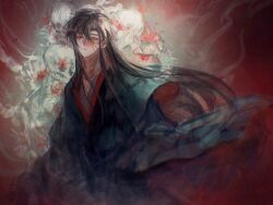 1boy bishounen black_hair black_hanfu black_robe blood blood_on_face blood_on_neck chinese_clothes closed_mouth earrings floating_clothes floating_hair flower hair_between_eyes hair_down half_updo hanfu heyoubuyou highres jewelry long_hair long_sleeves looking_at_viewer male_focus modao_zushi official_alternate_hairstyle painterly red_background red_eyes red_flower robe scar scar_on_face single_earring skeleton skull solo spider_lily tassel tassel_earrings upper_body very_long_hair wei_wuxian wei_wuxian_(yiling_laozu) yellow_pupils
