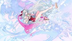 1girl ahoge aqua_eyes bare_legs bare_shoulders bow breasts carlotta_(splashing_summer)_(wuthering_waves) carlotta_(wuthering_waves) commentary cup drinking_glass drinking_straw earrings flower full_body hair_bow hair_flower hair_ornament highres holding holding_cup jewelry kurohush legs long_hair looking_at_viewer medium_breasts multiple_views off-shoulder_one-piece_swimsuit off_shoulder official_alternate_costume one-piece_swimsuit parted_lips pink_bow pink_one-piece_swimsuit sandals single_bare_foot striped_bow swimsuit symbol-only_commentary thighs very_long_hair white_flower white_hair wuthering_waves