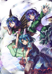 3girls animal_ears antennae aqua_hair blue_dress blue_eyes blue_hair butterfly_wings dress earclip eternity_larva fairy fins frilled_sleeves frills green_dress green_kimono hair_between_eyes head_fins highres holding insect_wings japanese_clothes kimono kine leaf leaf_on_head long_hair long_sleeves mallet multicolored_dress multiple_girls obi one_eye_closed open_mouth rabbit_ears red_eyes sash seiran_(touhou) shometsu-kei_no_teruru short_hair short_sleeves single_strap smile touhou wakasagihime wide_sleeves wings yellow_eyes