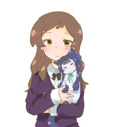 1girl animal animalization black_bow black_bowtie black_hair blush bow bowtie brown_eyes brown_hair cat closed_mouth collared_shirt holding holding_animal holding_cat hutaba idolmaster idolmaster_million_live! kitazawa_shiho long_hair long_sleeves mogami_shizuka shirt simple_background upper_body white_background