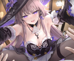 1boy 1girl armpits ascot black_dress black_hat black_pantyhose black_sleeves blush breasts brown_hair collarbone commentary_request detached_sleeves dress flower hat hat_flower herta_(honkai:_star_rail) honkai:_star_rail honkai_(series) indoors jewelry key key_necklace long_hair medium_breasts necklace open_mouth pantyhose pov purple_eyes reaching reaching_towards_viewer revision solo_focus strapless strapless_dress sweat the_herta_(honkai:_star_rail) tomas_(kaosu22) white_ascot witch_hat