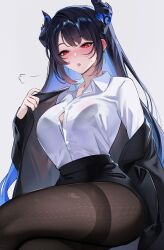 1girl asymmetrical_horns black_hair black_jacket black_pantyhose black_skirt blue_hair blush breasts button_gap colored_inner_hair demon_horns earrings highres hololive hololive_english horns jacket jewelry large_breasts long_hair miniskirt mole mole_under_eye multicolored_hair nerissa_ravencroft nerissa_ravencroft_(casual) off_shoulder office_lady pantyhose parted_lips pencil_skirt red_eyes sakichka shirt simple_background sitting skirt solo sweat two-tone_hair uneven_horns very_long_hair virtual_youtuber white_background white_shirt