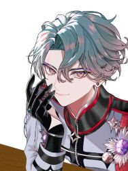 1boy black_gloves blue_hair closed_mouth collared_jacket commentary curtained_hair diamond_(shape) earrings elbow_rest eyelashes freodore_(nijisanji) gem glove_cutout gloves jacket jewelry looking_at_viewer male_focus mismatched_earrings nashi_0210_0621 nijisanji nijisanji_en parted_hair piercing pink_eyes purple_gemstone short_hair simple_background smile solo table upper_body virtual_youtuber white_background white_jacket wooden_table zipper zipper_pull_tab