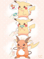 1other :o ? artist_name blush brown_background brown_eyes candy commentary_request eating food gen_1_pokemon highres holding lollipop mugita_konomi nintendo open_mouth pikachu pokemon polka_dot polka_dot_background raichu sparkle speech_bubble spoken_food swirl_lollipop thought_bubble transformation