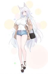 1girl :o alternate_costume animal_ear_fluff animal_ears azur_lane bag bare_shoulders black_bag blue_eyes breasts brown_jacket brown_shoes casual commentary_request covered_navel denim denim_shorts fox_ears fox_girl full_body handbag highres jacket large_breasts livetarica long_hair off_shoulder open_clothes open_jacket open_mouth shinano_(azur_lane) shirt shoes short_shorts shorts simple_background sleeveless sleeveless_shirt solo standing thighs very_long_hair white_hair white_shirt