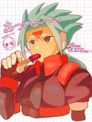 Rule 34 | 1boy, blue hair, chibi, chibi inset, cropped jacket, facial mark, food, forehead mark, highres, holding, holding food, holding popsicle, jacket, long hair, mega man (series), mega man zx, mixed-language text, pandora (mega man), ponytail, popsicle, prometheus (mega man), purple jacket, red eyes, robot ears, sasaki (ssk8083), upper body