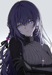 1girl arm_at_side arm_under_breasts asahina_mafuyu black_gloves black_ribbon black_sweater braid breasts crossed_bangs earrings facing_viewer flower flower_earrings flower_necklace gloves gradient_background grey_background hair_between_eyes hair_ribbon hand_on_own_arm highres jewelry large_breasts long_hair long_sleeves necklace official_alternate_costume official_alternate_hair_length official_alternate_hairstyle parted_lips project_sekai purple_eyes purple_hair ribbed_sweater ribbon seina1211 sidelighting sidelocks sideways_glance simple_background solo soshite_hari_wa_ugokidasu_(project_sekai) sweater turtleneck turtleneck_sweater upper_body white_background