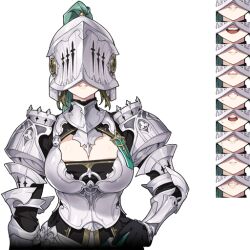 armor breasts cleavage gauntlets green_hair iolar_(mabinogi) knight large_breasts mabinogi multiple_expressions official_art simple_background smile tachi-e