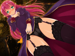 1girl black_panties black_thighhighs blush commentary_request elf garter_belt green_eyes lace lace-trimmed_legwear lace_trim legs lingerie panties photoshop_(medium) pink_hair pointy_ears pov priest priest_(ragnarok_online) ragnarok_online solo thighhighs thighs toujou_akira underwear