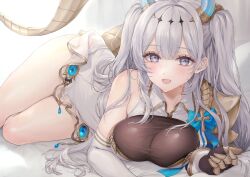 armor azur_lane blue_eyes blush cross detached_sleeves dragon_girl dragon_horns dragon_tail fang gauntlets gold_horns gold_tail gold_trim highres horns jewelry long_hair lying on_side open_collar open_mouth pauldrons ribbon shoulder_armor skirt suffren_(azur_lane) tail thighs twintails white_hair ygcn