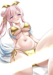 1girl absurdres airani_iofifteen arcturus2701 area_15 bikini blush bow breasts commentary english_commentary gold_bow golden_week_bikini hair_bow highres hololive hololive_indonesia large_breasts leaning_back light_rays meme_attire midriff multicolored_hair navel pink_hair purple_eyes simple_background sitting solo sunbeam sunlight swimsuit thighs tongue tongue_out two-tone_hair virtual_youtuber white_background white_hair