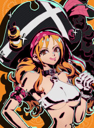 1girl arm_strap bare_shoulders belt_buckle black_choker black_hat breasts brown_eyes buckle choker clima-tact closed_mouth commentary gloves hat highres holding holding_staff large_breasts lips long_hair looking_at_viewer low_twintails midriff nami_(one_piece) narrow_waist navel official_alternate_costume official_alternate_hairstyle one_piece one_piece_film:_red orange_hair over_shoulder pink_lips pirate_hat quinnli solo sparkle staff strapless tongue tongue_out tube_top twintails underboob upper_body wavy_hair white_gloves white_tube_top