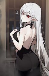1girl bare_shoulders black_dress breasts dress from_behind highres looking_at_viewer medium_breasts original pointy_ears red_eyes rusellunt slit_pupils solo standing white_hair