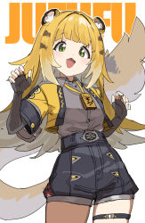 1girl animal_ears black_gloves black_shorts blonde_hair character_name claw_pose collared_shirt commentary cowboy_shot fang fingerless_gloves gazacy_(dai) gloves green_eyes grey_shirt hands_up highres jacket jewelry ju_fufu long_hair looking_at_viewer necklace open_mouth shirt shorts simple_background smile solo standing tail thigh_strap tiger_ears tiger_girl tiger_tail white_background yellow_jacket zenless_zone_zero