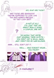 ahoge ainz_ooal_gown albedo_(overlord) blood bow crossover hair_bow highres horns kono_subarashii_sekai_ni_shukufuku_wo! nosebleed overlord_(maruyama) satou_kazuma shalltear_bloodfallen sketch text_focus wiz_(konosuba)