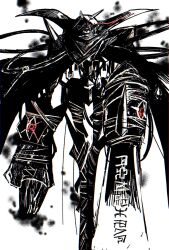 arm_blade arm_cannon bandages broken_horn digimon digimon_(creature) energy_cannon glowing glowing_eye highres horns megane_mochi monochrome omegamon_zwart_defeat red_eyes simple_background spot_color sword weapon white_background