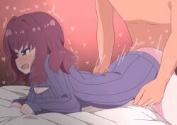 1boy 1girl absurdres blue_sweater blush breasts cleavage doggystyle hetero highres large_breasts okaasan_(okaasandx) open_mouth purple_hair sex sex_from_behind smile sugiura_ayano&#039;s_mother sweater tears yuru_yuri