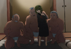 Rule 34 | 1girl, barefoot, blue sailor collar, blue serafuku, blue shirt, blue skirt, digital (digital001), frog hair ornament, full body, futon, green eyes, green hair, hair between eyes, hair ornament, kochiya sanae, loincloth, long sleeves, medium hair, multiple boys, open mouth, pleated skirt, ribbon, sailor collar, school uniform, serafuku, shirt, skirt, standing, touhou, white loincloth