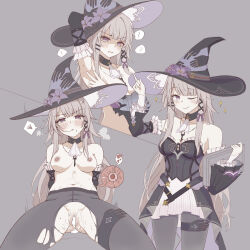 Rule 34 | 1girl, absurdres, anger vein, bare shoulders, black dress, black hat, black pantyhose, black sleeves, breasts, brown hair, cum, cum in pussy, detached sleeves, dress, fertilization, grey background, hat, herta (honkai: star rail), highres, honkai: star rail, honkai (series), impregnation, long hair, medium breasts, multiple views, navel, nipples, one eye closed, ovum, pantyhose, purple eyes, simple background, sleeveless, sleeveless dress, the herta (honkai: star rail), torn clothes, torn pantyhose, treetree 5200, witch hat